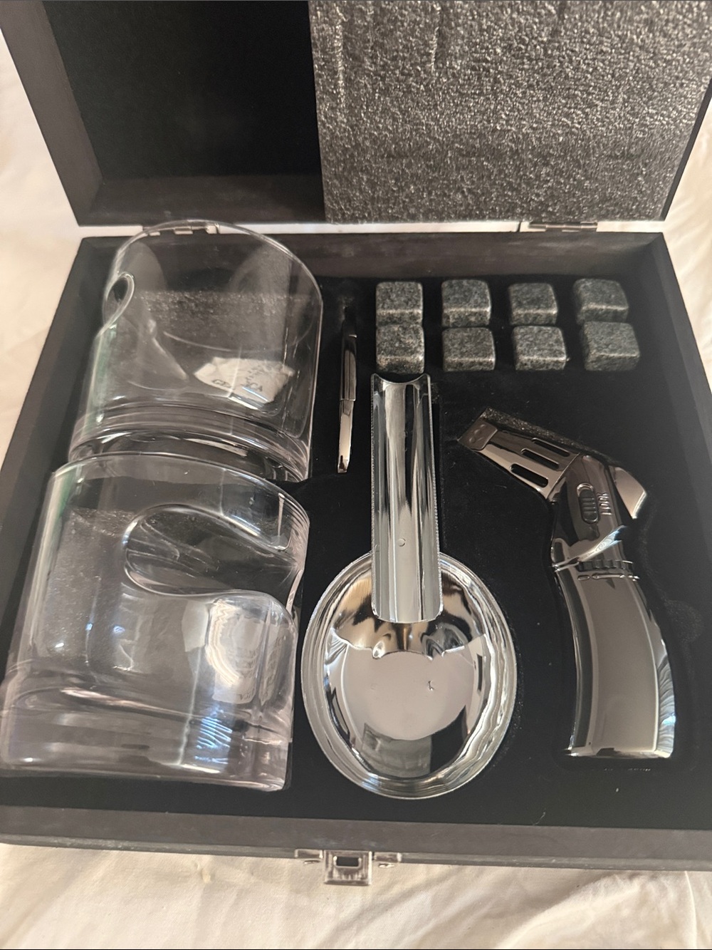Whiskey Set with 2 Glasses, Stones, Lighter, Cigar Cutter, and Ashtray